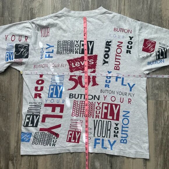 Vintage Levi's 501 Button Your Fly Test Sample All Over Print T Shirt Size L - Picture 7 of 7